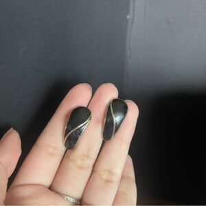 Silver tone trifari vintage black enamel clip on earrings
